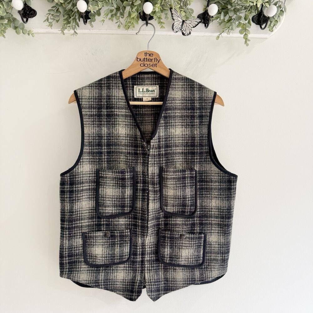 Vintage L.L. Bean Womenās Wool Full Zip Plaid Vest Medium u5803